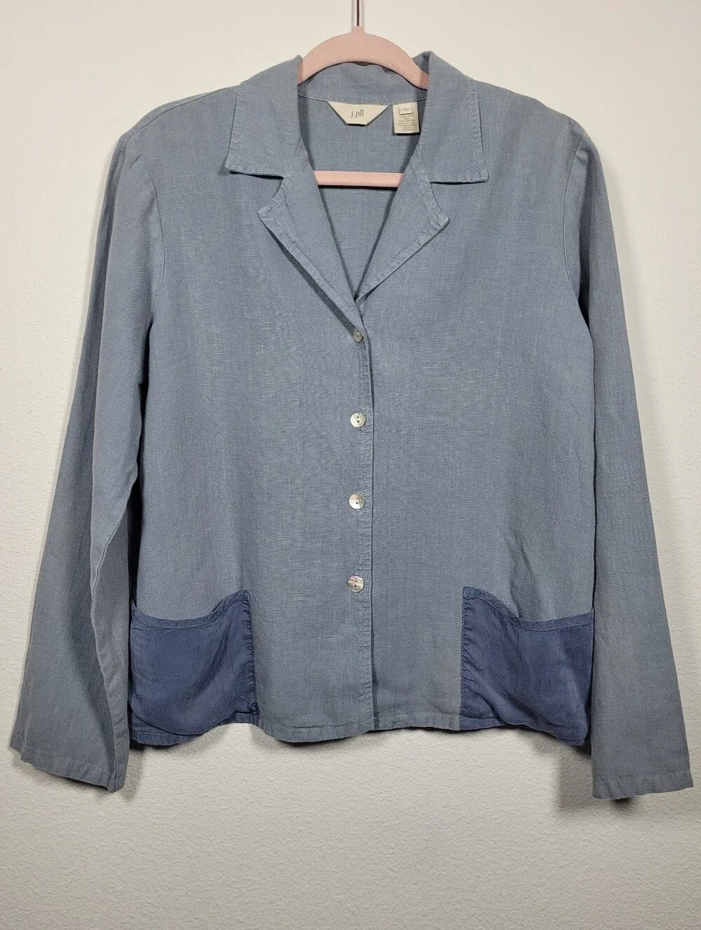 J. Jill 100% Linen 2-Piece Pant Set Blue Button Jacket & Drawstring Pants Small